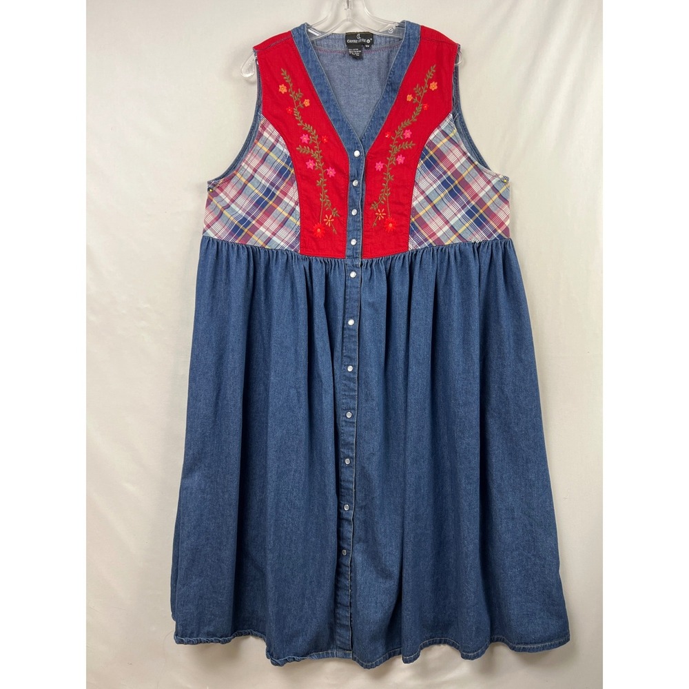 Carole Little Denim 90s Dress Womens 18W Blue Red Floral Embroidered Plaid